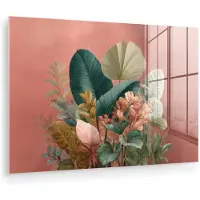 MuchoWow Glasschilderij 180x120 cm - Schilderij acrylglas - Tropische bladeren - Bloemen - Roze - groen - Foto op glas - Muurdecoratie woonkamer - Wanddecoratie slaapkamer - Schilderijen
