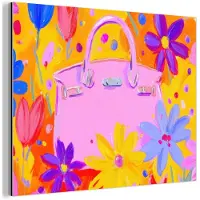 MuchoWow Aluminium schilderij 160x120 cm - Wanddecoratie metaal - Tas - Roze - Bloemen - Metalen muurdecoratie woonkamer - Decoratie industrieel - Foto op dibond - Industriële accessoires slaapkamer