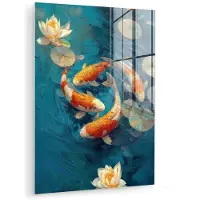 MuchoWow Glasschilderij 120x160 cm - Schilderij acrylglas - Vissen - Waterlelies - Oranje - Water - Foto op glas - Muurdecoratie woonkamer - Wanddecoratie slaapkamer - Schilderijen