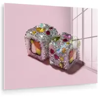 MuchoWow Glasschilderij 160x120 cm - Schilderij acrylglas - Sushi - Rolletjes - Steentjes - Kleurrijk - Foto op glas - Muurdecoratie woonkamer - Wanddecoratie slaapkamer - Schilderijen