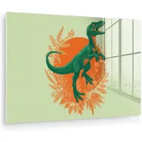 MuchoWow Glasschilderij 180x120 cm - Schilderij acrylglas - Dinosaurus - Groen - Planten - Cirkel - Foto op glas - Muurdecoratie woonkamer - Wanddecoratie slaapkamer - Schilderijen