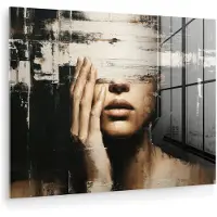 MuchoWow Glasschilderij 160x120 cm - Schilderij acrylglas - Hand - Gezicht - Strepen - Abstract - Foto op glas - Muurdecoratie woonkamer - Wanddecoratie slaapkamer - Schilderijen