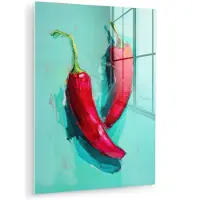 MuchoWow Glasschilderij 120x160 cm - Schilderij acrylglas - Chilipepers - Geverfd - Rood - Foto op glas - Muurdecoratie woonkamer - Wanddecoratie slaapkamer - Schilderijen