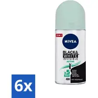 Nivea 6 x - Deodorant - Roller - Black & White Invisible - Active - 50 ml - Anti-transpirant - Zweetvermindering - Deodorant Roller - Zweetbescherming - Kledingbescherming