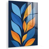 MuchoWow Glasschilderij 120x160 cm - Schilderij acrylglas - Abstract - Bladeren - Blauw - Foto op glas - Muurdecoratie woonkamer - Wanddecoratie slaapkamer - Schilderijen