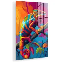 MuchoWow Glasschilderij 120x180 cm - Schilderij acrylglas - Kameleon - Tak - Gestreept - Bladeren - Foto op glas - Muurdecoratie woonkamer - Wanddecoratie slaapkamer - Schilderijen