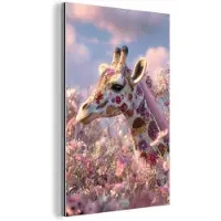 MuchoWow Aluminium schilderij 120x180 cm - Wanddecoratie metaal - Giraffe - Bloemen - Roze - Metalen muurdecoratie woonkamer - Decoratie industrieel - Foto op dibond - Industriële accessoires slaapkamer