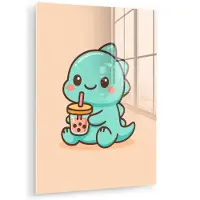 MuchoWow Glasschilderij 120x160 cm - Schilderij acrylglas - Dino - Boba - kawaii - Oranje - Foto op glas - Muurdecoratie woonkamer - Wanddecoratie slaapkamer - Schilderijen