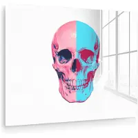 MuchoWow Glasschilderij 160x120 cm - Schilderij acrylglas - Schedel - Grafisch - Roze - Verdeeld - Foto op glas - Muurdecoratie woonkamer - Wanddecoratie slaapkamer - Schilderijen