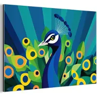 MuchoWow Aluminium schilderij 180x120 cm - Wanddecoratie metaal - Pauw - Cirkels - Blauw - Metalen muurdecoratie woonkamer - Decoratie industrieel - Foto op dibond - Industriële accessoires slaapkamer