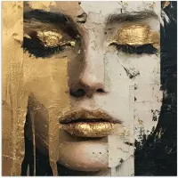 PosterMonkey Poster 100x100 cm - Abstract - Goud - Gezicht - Lippen - Posters - Kamer decoratie - Wanddecoratie woonkamer - Muurdecoratie slaapkamer XXL