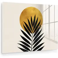 MuchoWow Glasschilderij 160x120 cm - Schilderij acrylglas - Zwart palmblad - Gouden cirkel - Beige achtergrond - Foto op glas - Muurdecoratie woonkamer - Wanddecoratie slaapkamer - Schilderijen