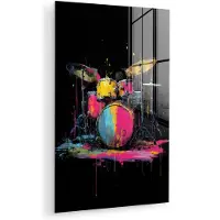 MuchoWow Glasschilderij 120x180 cm - Schilderij acrylglas - Drumstel - Kleurrijk - Verf - Levendig - Foto op glas - Muurdecoratie woonkamer - Wanddecoratie slaapkamer - Schilderijen