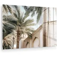 MuchoWow Glasschilderij 180x120 cm - Schilderij acrylglas - Gebouw - Palmbomen - Beige - Zon - Foto op glas - Muurdecoratie woonkamer - Wanddecoratie slaapkamer - Schilderijen