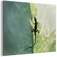 MuchoWow Aluminium schilderij 160x120 cm - Wanddecoratie metaal - Hagedis - Blad - Nerven - Groen - Metalen muurdecoratie woonkamer - Decoratie industrieel - Foto op dibond - Industriële accessoires slaapkamer