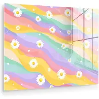 MuchoWow Glasschilderij 160x120 cm - Schilderij acrylglas - Madeliefjes - Kleurrijk - Pastel - Vrolijk - Foto op glas - Muurdecoratie woonkamer - Wanddecoratie slaapkamer - Schilderijen