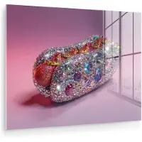 MuchoWow Glasschilderij 160x120 cm - Schilderij acrylglas - Hotdog - Steentjes - Glitters - Paars - Foto op glas - Muurdecoratie woonkamer - Wanddecoratie slaapkamer - Schilderijen