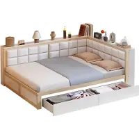 Merax Bedbank Slaapbank 140x200 – Tweepersoonsbed met Hoekrug en 2 lades – Wit met Naturel Bruin
