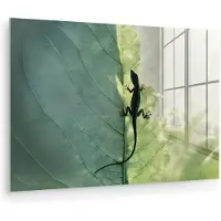 MuchoWow Glasschilderij 180x120 cm - Schilderij acrylglas - Hagedis - Blad - Nerven - Groen - Foto op glas - Muurdecoratie woonkamer - Wanddecoratie slaapkamer - Schilderijen