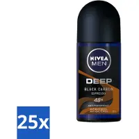 Nivea 25 x - Men - Deodorant - Roller - Deep Black Carbon Espresso - 50 ml - Anti-transpirant - Deodorant Roller - Espresso Geur - 48 Uur Bescherming - Actieve Kool
