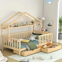Houten Kinderbed in houtkleur, kinderbedhuisbed met lades, massief hout met lattenbodem, grenenhouten huisbed, kinder- en jeugdkamer, 90x200
