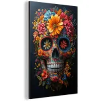 MuchoWow Aluminium schilderij 120x180 cm - Wanddecoratie metaal - Bloemen - Kleurrijk - Schedel - Metalen muurdecoratie woonkamer - Decoratie industrieel - Foto op dibond - Industriële accessoires slaapkamer