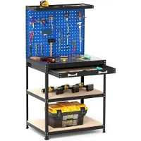 Costway Werkbank 81 x 41 cm, 225 kg draagkracht, werktafel met gatenwand, laden & planken & 20 hanghaken, werktafel gereedschapsbank voor huis, garage, werkplaats (81 x 41 x 156 cm, blauw)
