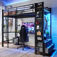 Merax Hoogslaper 90 x 200 cm - met bureau - met droogstaaf - met opbergplank - 4 lades - met USB aansluiting - LED verlichting - zonder matras - zwart