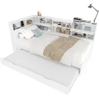 Merax Eenpersoonsbed 90x200 cm met Opbergruimte en Uitschuifbaar Logeerbed 90x190 – Wit