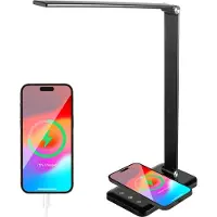 Auronic Bureaulamp - LED - USB en Draadloos Mobiel Opladen - Timer - Dimbare Klemlamp - Wit en Warm Licht - Zwart