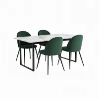 Ebuy24 Tilst eethoek eettafel wit marmerprint 90x160 4 stoelen velours groen.