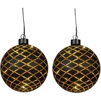 Anna's Collection Verlichte kerstbal - 2x - goud - D12 cm - Diamant patroon - 10 LED lampjes - warm-wit - hangende kerstbal - hangdecoratie