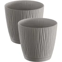 Prosperplast Plantenpot/bloempot Waves - 4x stuks - kunststof - steengrijs - D13 x H12 cm - binnen/buiten - met opvangschaal