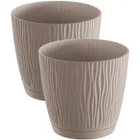 Prosperplast Plantenpot/bloempot Waves - 2x stuks - kunststof - taupe - D13 x H12 cm - binnen/buiten - met opvangschaal