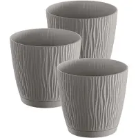 Prosperplast Plantenpot/bloempot Waves - 3x stuks - kunststof - steengrijs - D13 x H12 cm - binnen/buiten - met opvangschaal