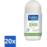Sanex 20 x Deodorant Roller Zero% Normal Skin 50 ml - 24 Uur Deodorant - Aluminiumzouten Vrij - Alcohol Vrij - Huidvriendelijk - Gevoelige Huid