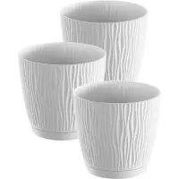 Prosperplast Plantenpot/bloempot Waves - 3x stuks - kunststof - wit - D13 x H12 cm - binnen/buiten - met opvangschaal