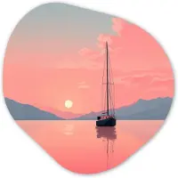 MuchoWow Organische wanddecoratie 40x40 cm - Organisch schilderij Zeilboot - Roze zee - Zonsondergang - Bergen - Muurdecoratie woonkamer - Kamer decoratie - Schilderijen - Muurcirkel aesthetic
