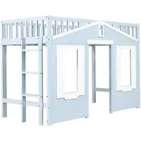 Merax Hoogslaper Kinderbed 90x200 Cm - Flexibele Ruimte Onder Bed - Ladder Links/Rechts - Schattige Raamdetails - Blauw