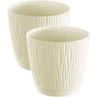Prosperplast Plantenpot/bloempot Waves - 2x stuks - kunststof - creme wit - D13 x H12 cm - binnen/buiten - met opvangschaal