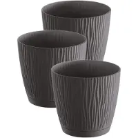 Prosperplast Plantenpot/Bloempot Waves - 3x stuks - kunststof - antraciet - D13 x H12 cm - binnen/buiten - met opvangschaal