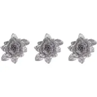 COSY&TRENDY Kerstboomversiering Bloemen - 6x - 10 cm - zilver glitter - op clip - ornament - roos