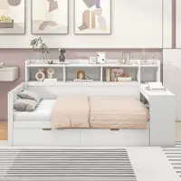 Merax Slaapbank 90x200 cm - met opbergplank - bed met stopcontact en USB-aansluiting - 2 laden - bureau - zonder matras - wit