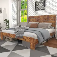 Merax Houten Tweepersoonsbed 140x200 cm – Antiek Stijl Bedframe met Hoog Hoofdbord en Metalen Lattenbodem – Bruin MDF & Metaal