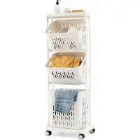 Costway Wasmand met 3 verdiepingen op wieltjes, wasmand met 3 manden en handvat, wasverzamelaar met metalen frame, wassorteerder voor badkamer, waskeuken, wit