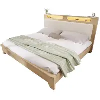 Merax Houten Bed 140x200 cm – Met LED Verlichting, Hoofdbord met Opbergruimte en Beige Gestoffeerde Rugleuning – Inclusief Houten Lattenbodem – Eiken