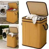 Cheqo Bamboe Wasmand - Wasmand met Deksel - Uitneembare Wasbare Binnenzak - 72 Liter - Natuurlijk Bruin - Klapdeksel - Wasmand 1 Vak