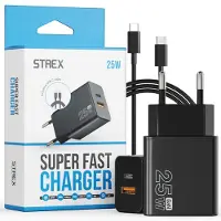 Strex USB Oplader 25W - Snellader USB-A & USB-C - GaN - Zwart - PD 3.0 + QC 3.0