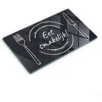 Wallfluent Glazen Snijplanken - Eet smakelijk! Snijplanken Glas - 30 cm x 52 cm - Zwart Snijplanken van Glas - Glazen Serveerplank - Design Glazen Snijplank Keuken - Antislip Glazen Serveerplank