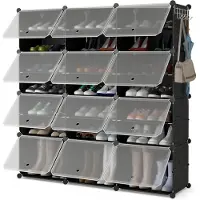 Costway Schoenenrek met 12 vakken, schoenenkast van kunststof voor 48 paar schoenen en laarzen, doe-het-zelf schoenenorganizer met zijhaken, schoenenstandaard voor ingang, hal, zwart